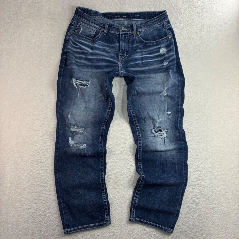 BKE Nolan Jeans Men 31x32 Blue Faded Whisker Distressed Relaxed Straight Stretch